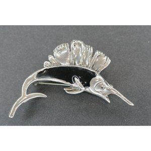 Vintage Sailfish Pendant Brooch Sterling Silver & Black Enamel